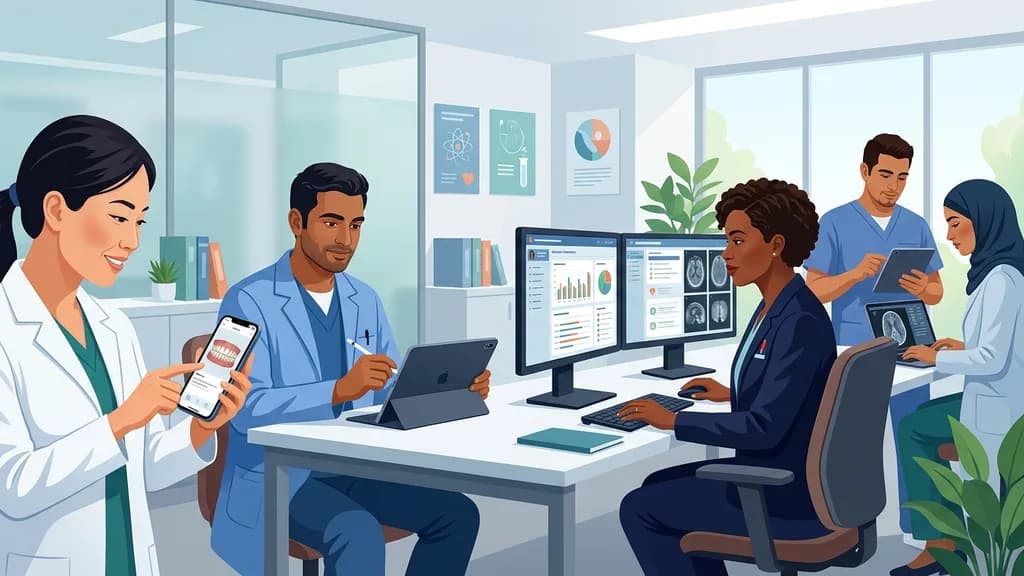 Diverse medical professionals using PatientNotes on various devices for documentation