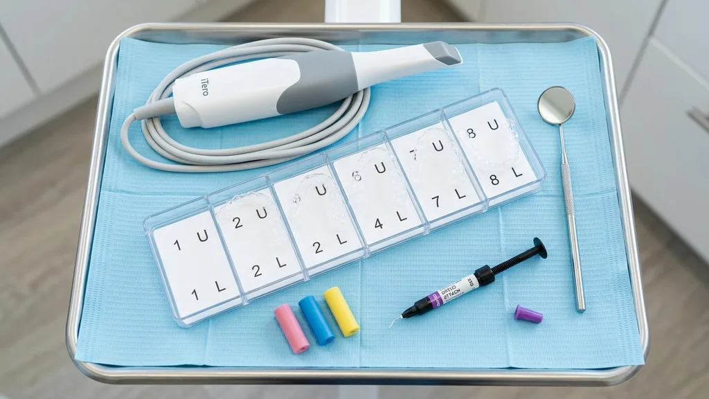 Instrumente für die Aligner-Behandlung: iTero-Scanner, Aligner-Schienen, Zahnspiegel und Chewies