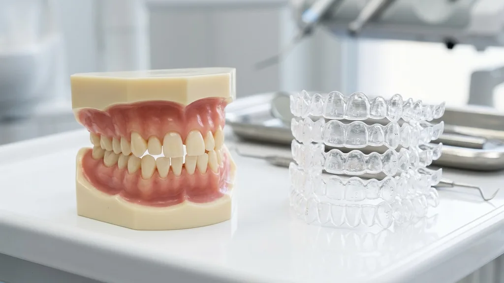 Dental-Modell mit leichtem Engstand neben gestapelten transparenten Aligner-Schienen