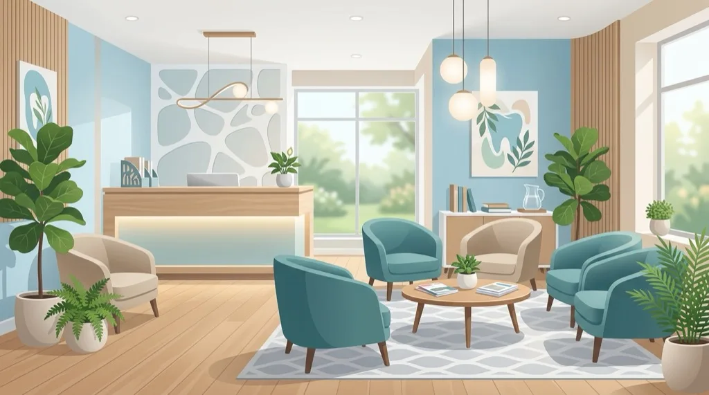 Einladender Empfangsbereich der Zahnarztpraxis — beruhigende Atmosphäre für Angstpatienten