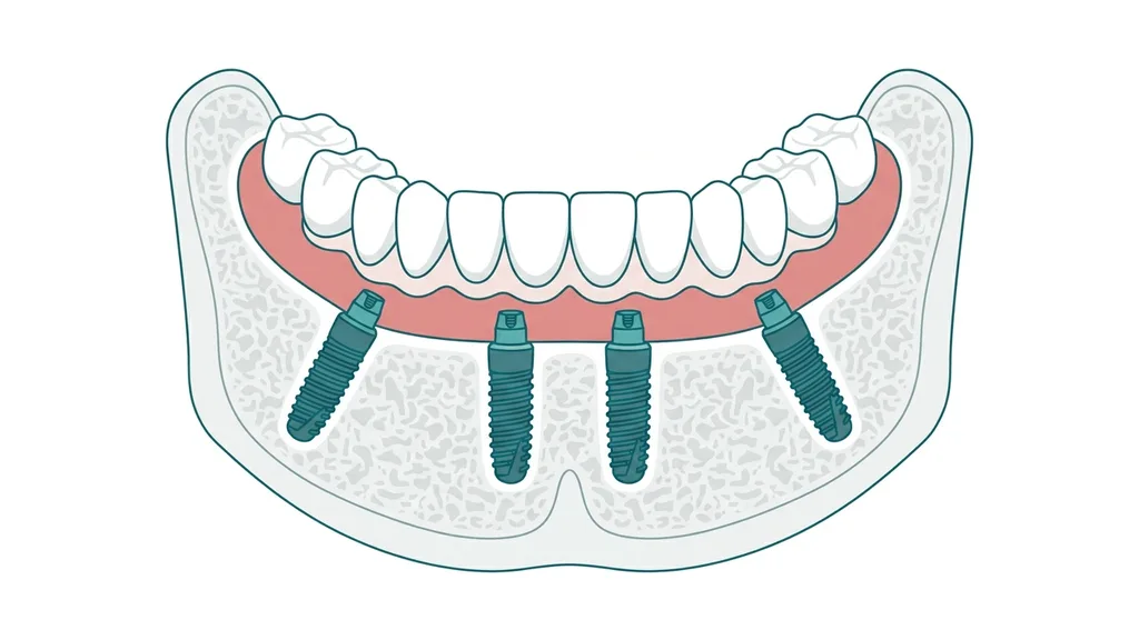 Schema All-on-4: zwei gerade Implantate vorne, zwei schräg gesetzte Implantate hinten, verbunden durch eine durchgehende Brücke