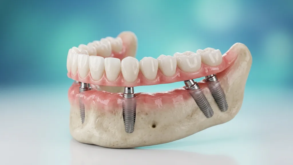 Unterkiefermodell mit vier Implantaten und festsitzender Brücke nach dem All-on-4-Konzept