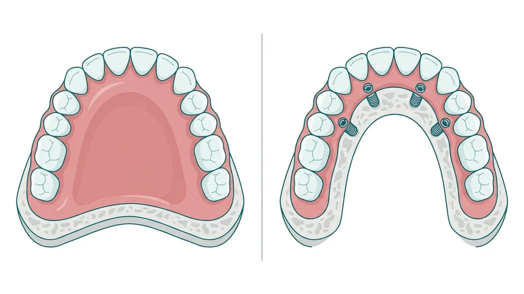 Vergleich Oberkiefer: Vollprothese mit Gaumenplatte und feste Brücke auf vier Implantaten mit freiem Gaumen