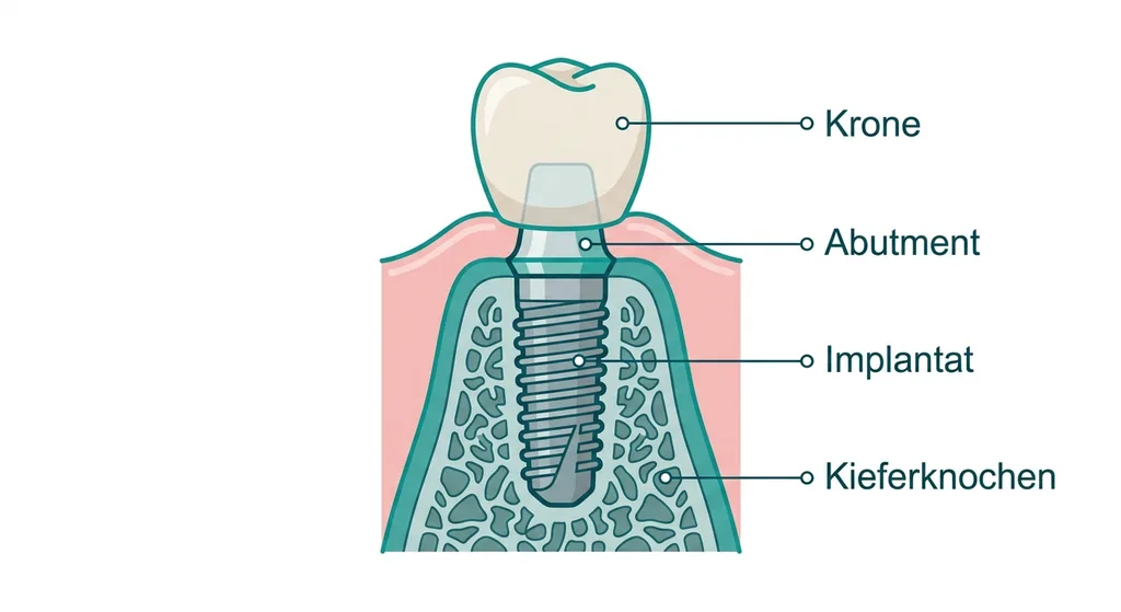 Anatomie eines Zahnimplantats: Krone, Abutment und Implantatschraube im Kieferknochen