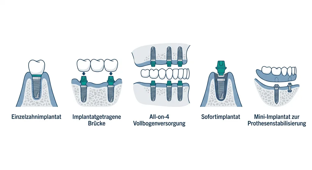 Fünf Arten von Implantatlösungen: Einzelzahn, Brücke, All-on-4, Sofortimplantat, Mini-Implantat