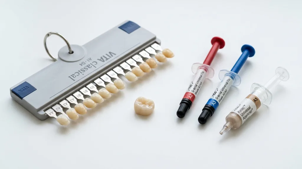 Füllungsmaterialien im Vergleich — Komposit-Kapseln, Keramik-Inlay-Muster, Glasionomer und Farbskala