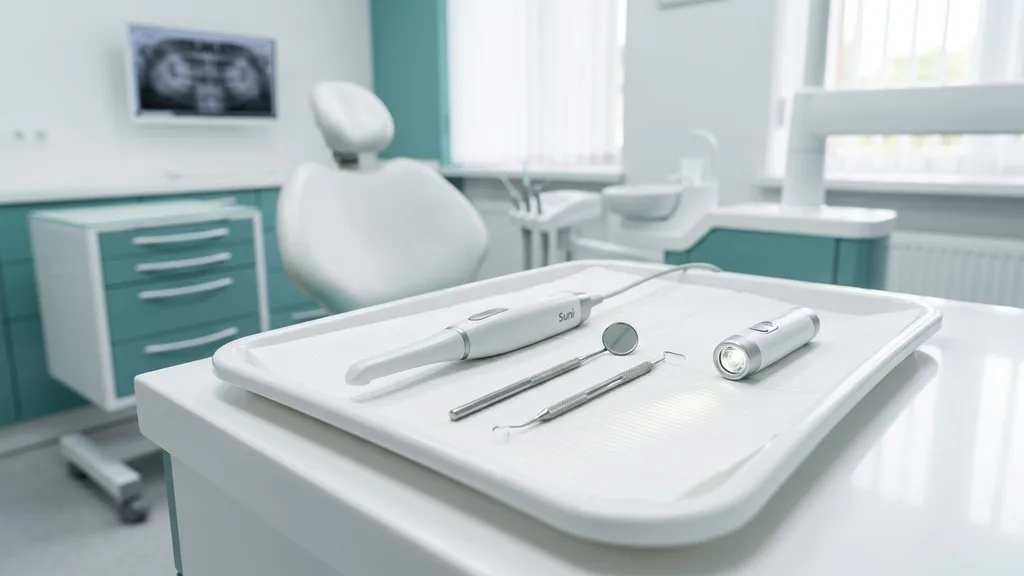 Moderne Kariesdiagnostik — Intraorale Kamera, Zahnspiegel und Sonde auf sterilem Behandlungstablett