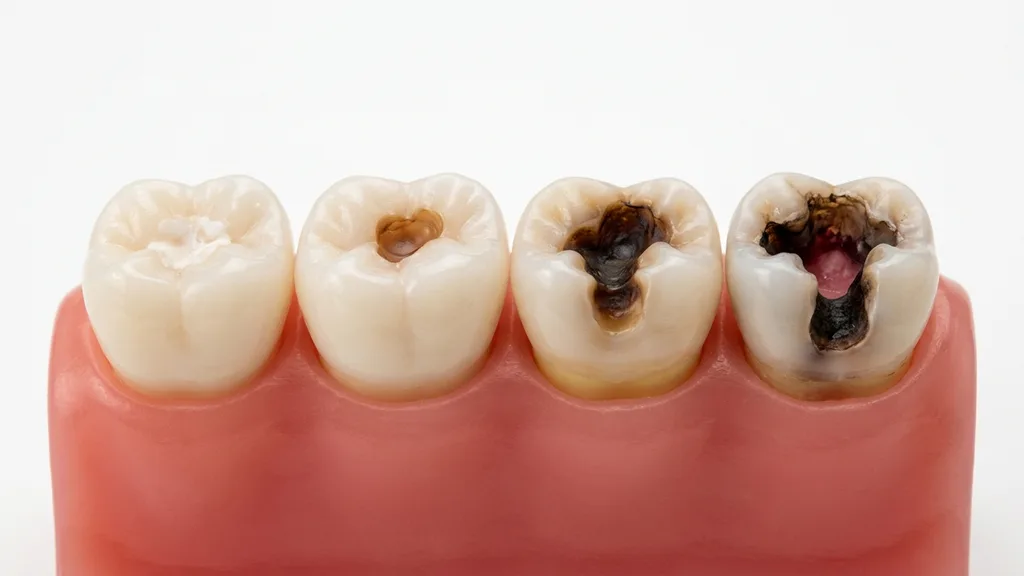 Zahnmodell mit vier Kariesstadien — von der Initialkaries bis zur Pulpitis