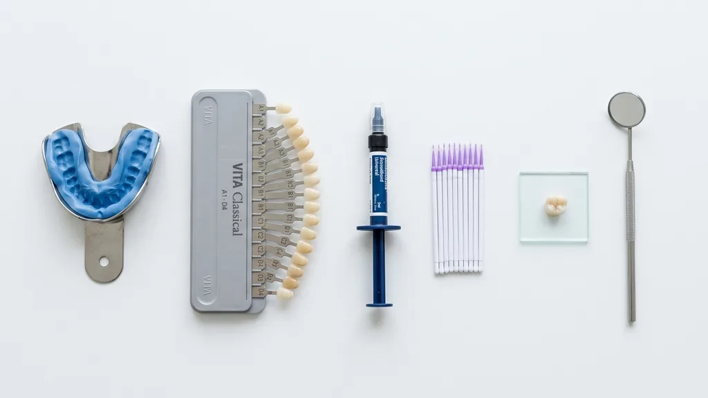Instrumente für die Keramik-Inlay Behandlung: Abdrucklöffel, Vita-Farbskala, Adhäsiv-System und Zahnspiegel