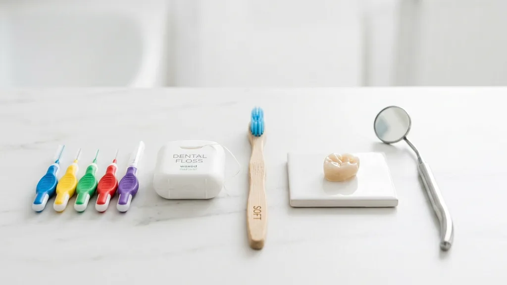 Pflegezubehör für Keramik-Inlays: Interdentalbürsten, Zahnseide, weiche Zahnbürste und Zahnspiegel