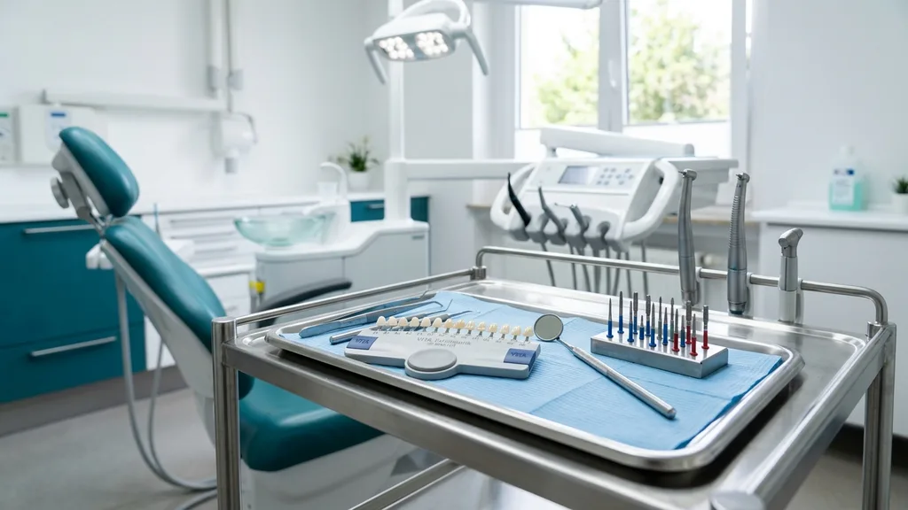 Moderner Behandlungsplatz mit Keramik-Inlay Instrumenten, Vita-Farbring und Präparationswerkzeugen