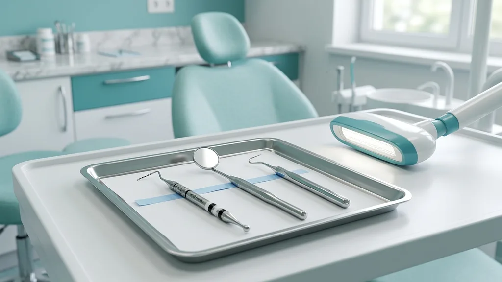 Parodontale Diagnostik — Parodontalsonde, Zahnspiegel und Untersuchungsinstrumente auf sterilem Tablett