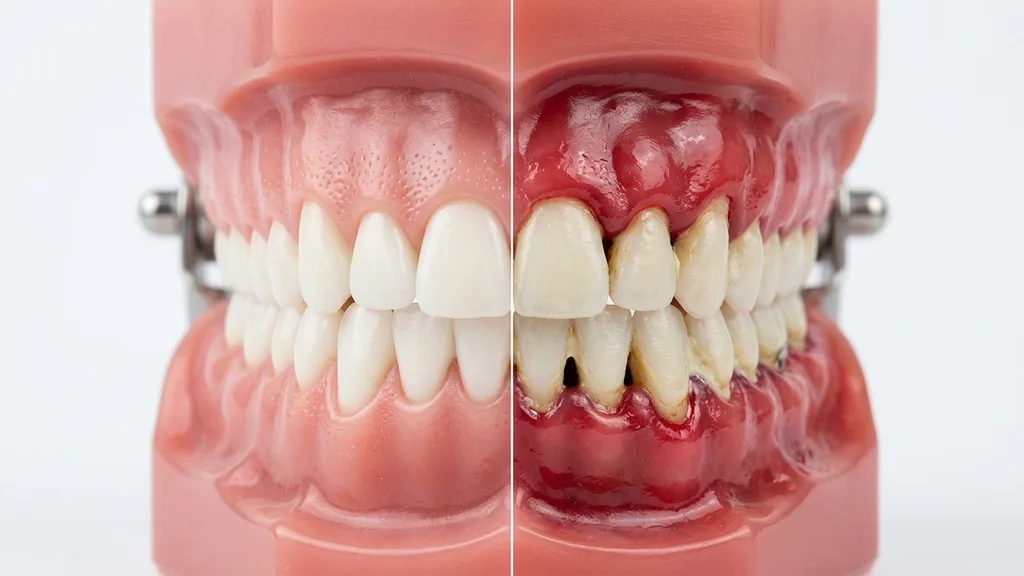 Zahnmodell mit gesundem und entzündetem Zahnfleisch im Vergleich — Parodontitis-Warnsignale erkennen