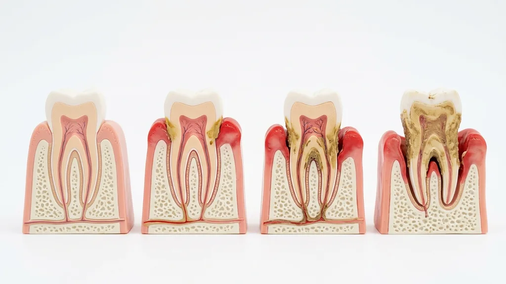 Vier Stadien der Parodontitis — vom gesunden Zahnfleisch bis zum schweren Knochenabbau