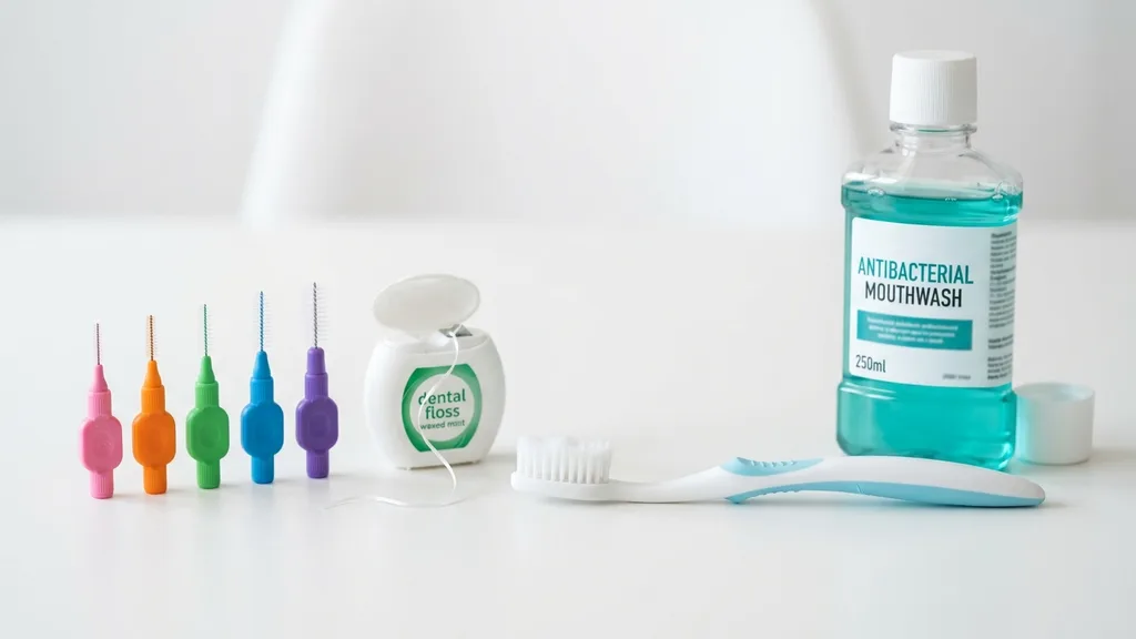 Parodontitis-Vorbeugung — Interdentalbürsten, Zahnseide, weiche Zahnbürste und antibakterielle Mundspülung