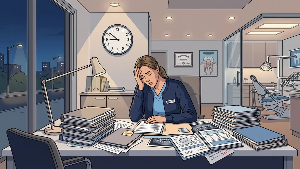 Dentist overwhelmed by paperwork and patient documentation at her desk late in the evening