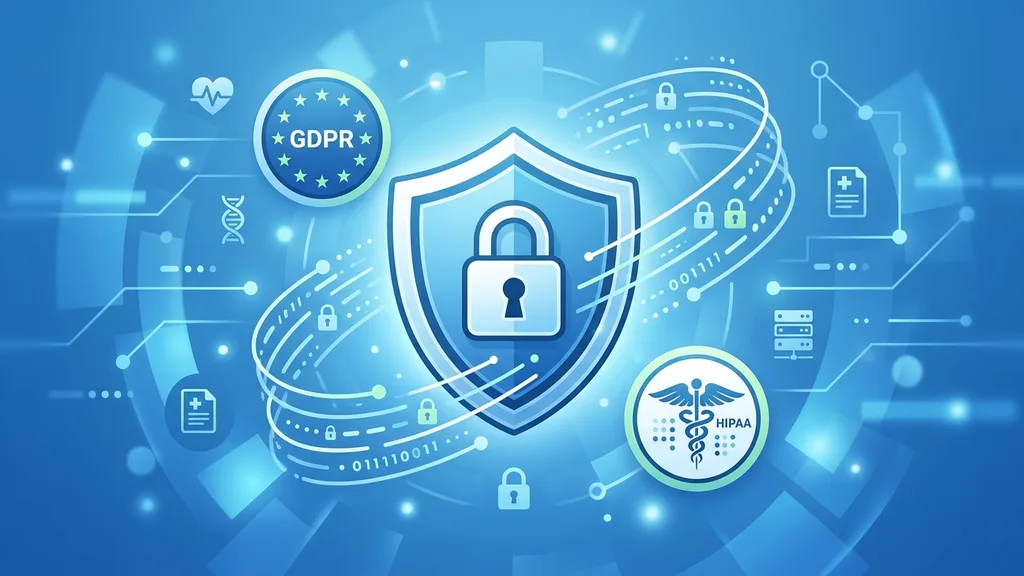 Healthcare data security with GDPR and HIPAA compliance, shield and encryption visualization