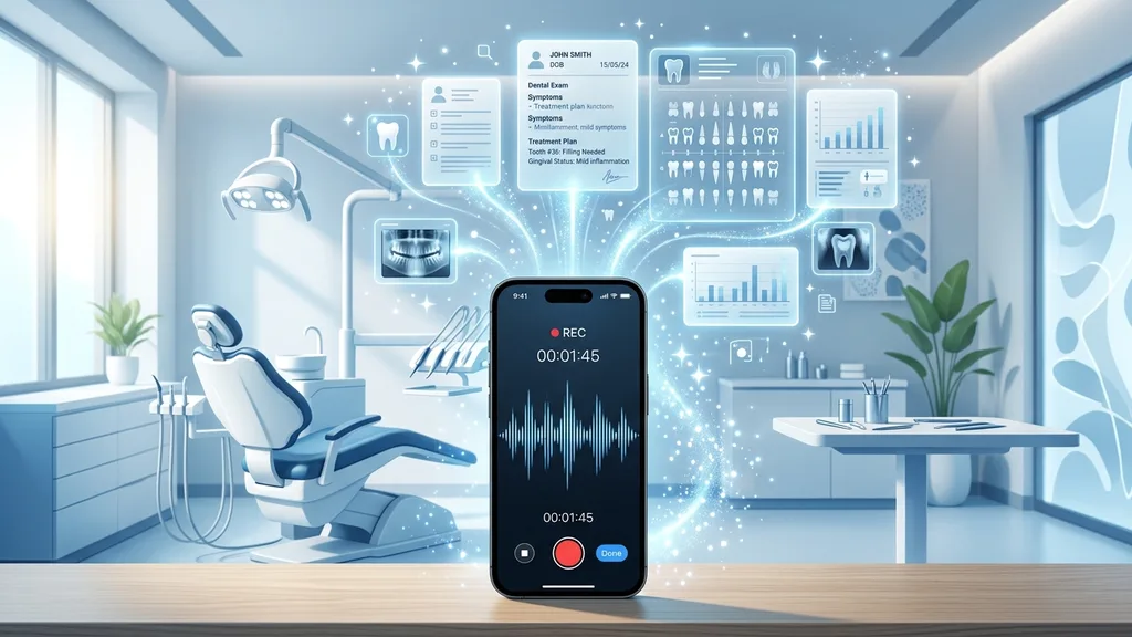 iPhone with voice recording interface generating AI-powered medical notes in a dental practice