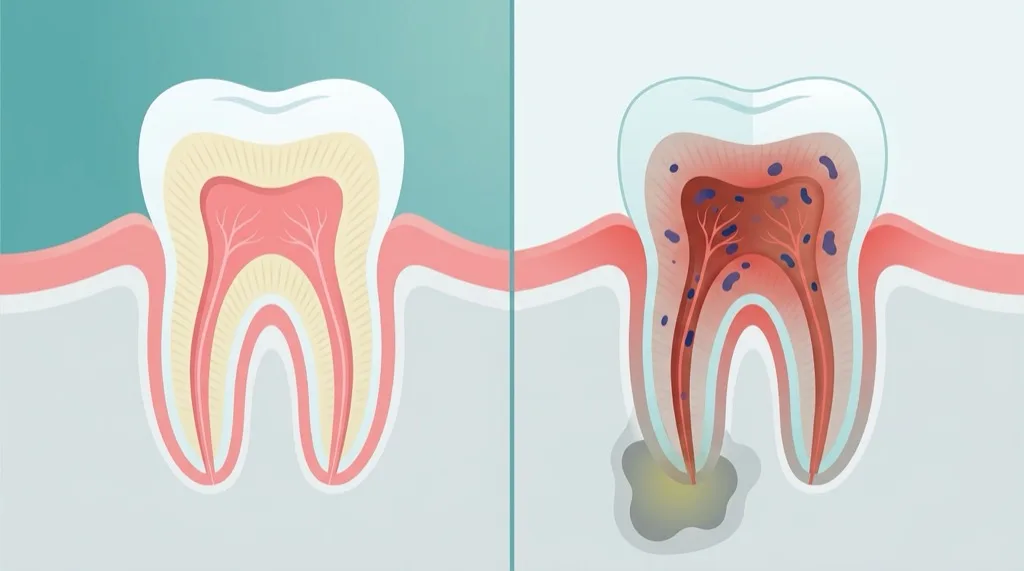 Zahnquerschnitt: Gesunde Pulpa vs. entzündete Pulpa mit Infektion