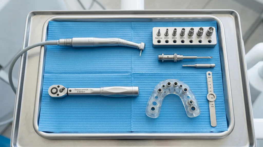 Implantationsinstrumente — Implantat-Driver, Drehmomentschlüssel und Einheilkappen auf sterilem Tablett