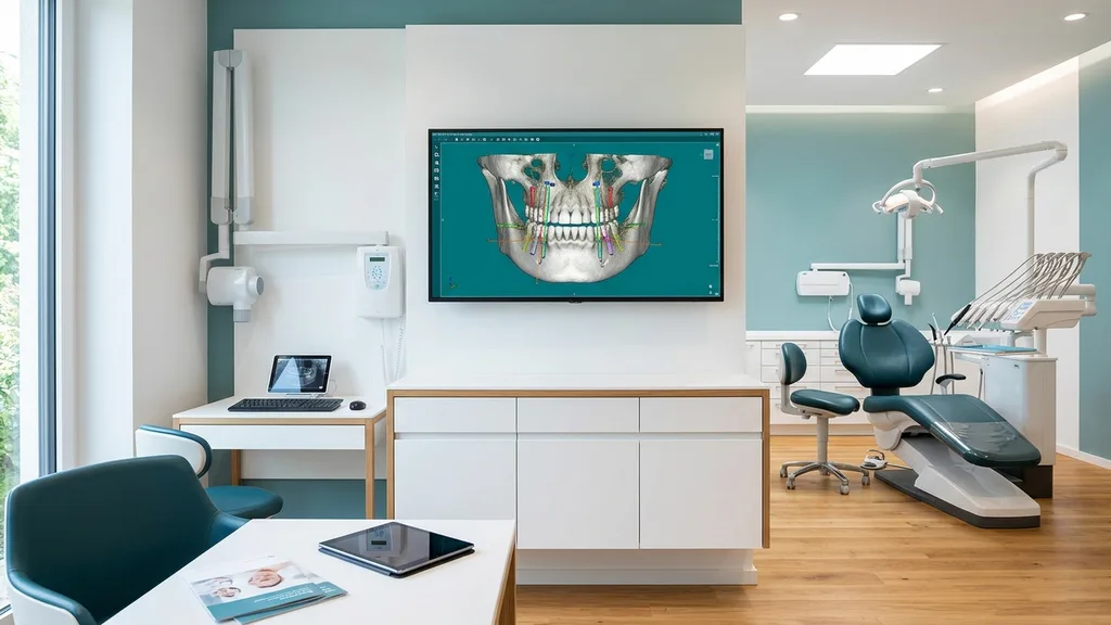 Digitale 3D-Implantatplanung auf Bildschirm — DVT-Aufnahme des Kiefers