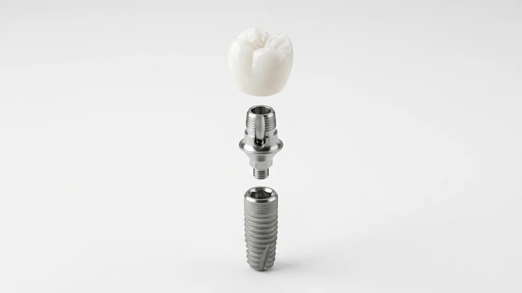Zahnimplantat-Anatomie — Titanschraube, Abutment und Keramikkrone auf weißem Hintergrund