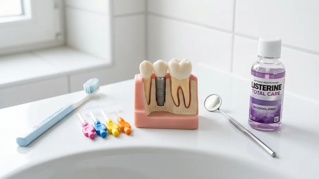 Implantatpflege — Interdentalbürsten, weiche Zahnbürste, Zahnspiegel und Implantatmodell