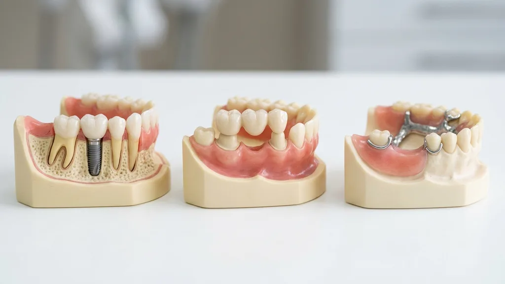 Vergleich Zahnersatz — Implantat, Brücke und Prothese nebeneinander